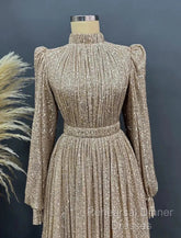 A-Line Evening Gown Elegant Dress Red Green Dress Black Tie Floor Length Long Sleeve Jewel Neck Fall Wedding Guest Sequined With Ruched